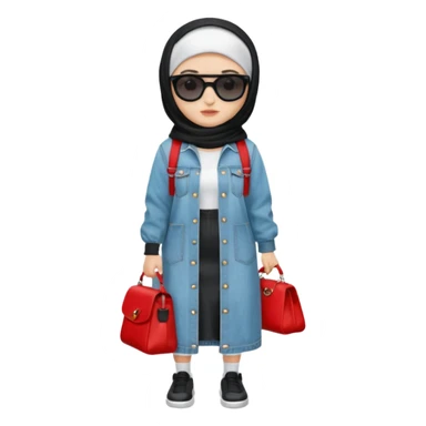 female memoji character, iPhone style, wearing black hijab, white long dress, oversized light blue denim jacket, white socks, black shoes with red detail, black shoulder bag, sunglasses on head, cute expression, no background, transparent PNG sticker