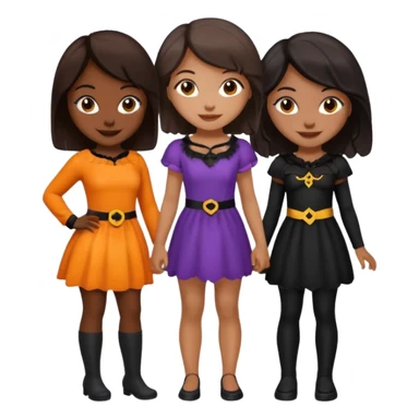 Three best girlfriends cute Halloween outfits with dark brown hair. One African-American, one Asian, one light skinned Caucasian. sticker