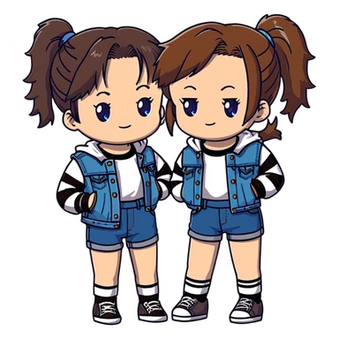 Two anime girls who are best friends, both with brown shoulder length hair. First girl has blue-green eyes, wearing black and white striped t-shirt, denim jacket, and denim shorts. Second girl has brown eyes, wearing denim overalls, with hair in a ponytail secured by a claw clip. sticker
