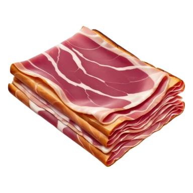 two or three thin folded slices of cured ham with deep pink to reddish hues and delicate marbling of white fat, smooth slightly translucent texture, soft curls at edges, tender air-dried look, apple emoji style, soft lighting, subtle shadows, emoji scale sticker
