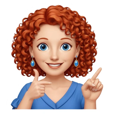 una profesora mayor simpática con el pelo rojo rizado, ojos azules, vestido azul y pendientes azules hablando sonriendo feliz indicando con un dedo sticker
