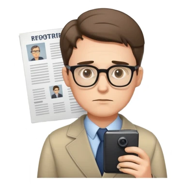 white male reporter looking at photographs, wearing glasses, thoughtful expression sticker