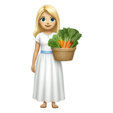 Girl with blonde hair and blue eyes wearing a white dress carrying baskets of vegetables and greens sticker