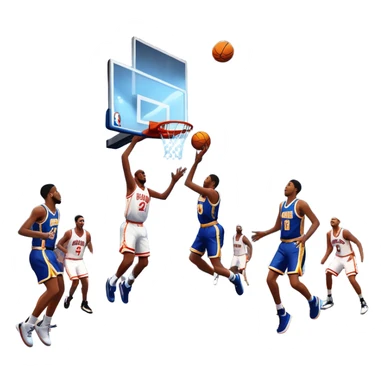 An icon featuring a basketball court with players in action, inspired by NBA 2K25. A player jumps for a dunk, with the ball mid-air. Bright lights illuminate the court, symbolizing the excitement of sports simulation games. Transparent background emphasizes the energy. sticker