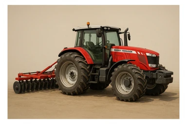 A Massey Ferguson tractor pulling a Disc Harrow, farm equipment, realistic style, simple background. sticker