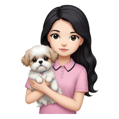 a girl with black eyes and long black wavy hair in a half-up half-down hairstyle, wearing a soft pink short-sleeved round collared tshirt while holding an all-white shih tzu dog sticker