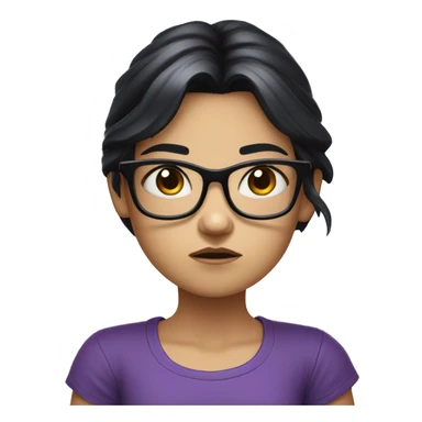 Angry scowling white little girl, purple shirt, long black hair, wearing glasses, with arms crossed over chest. sticker