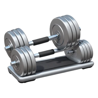 Two heavy dumbbells side by side on the floor in front of a treadmill sticker