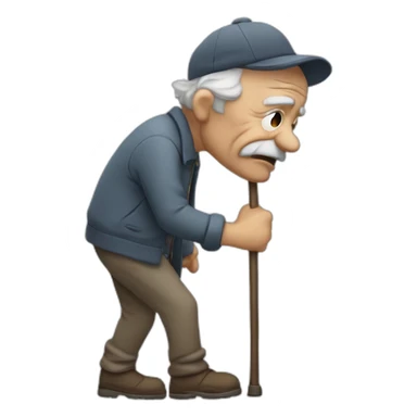 Old man leaning on a walking cane and holding his crancky back with his hand, grumpy face, detailed sticker