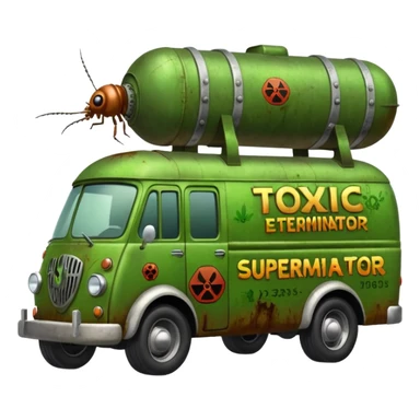 Heroic SuperBug Ron’s toxic-oozing exterminator superminator antique tall moving van (motto: Bombing creepy bugs is fun) sticker