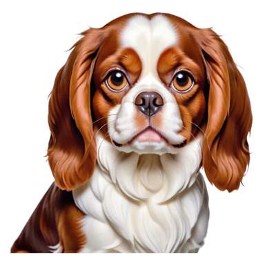 Cinematic Grumpy Blenheim Cavalier King Charles Spaniel Portrait Emoji, Head tilted slightly with a deeply unimpressed expression, thick Blenheim coat with pronounced chestnut and white markings, large, droopy brown eyes narrowed into an unamused glare, ears slightly drooping in exasperation, Simplified yet comically expressive features, highly detailed, glowing with a dry, sarcastic glow, high shine, effortlessly judgmental yet dignified, stylized with a touch of cynicism, bright but brooding, soft glowing outline, capturing the essence of an eternally unimpressed yet endearing companion, so lifelike it feels like it could sigh heavily at you in disdain at any moment! sticker