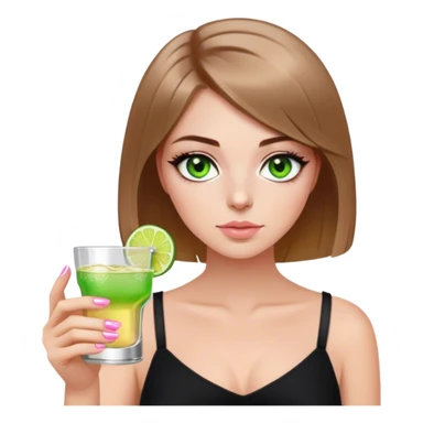 green eyes light brown hair white girl with short bob no bangs with a shot of tequila wearing black light pink nails sticker