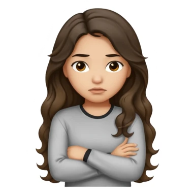 Hispanic light tan girl with long dark wavy hair with arms folded and pouting. Wearing a long sleeve. Hair with middle part. sticker