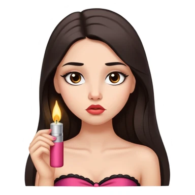 girl with lighter skin, dark brown long straight hair, pouty shiny lips without cupid's bow, large eyes, lighter button nose, long oval-shaped face, wearing a bandeau top sticker