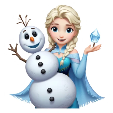 Cinematic Funny Elsa Portrait Emoji, Making a tiny snowman in her hands with a proud grin, looking smug as it dances, an unexpectedly hilarious moment of icy creativity! sticker