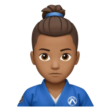 black jiu jitsu instructor with ponytail and a low taper fade sides haircut, and a small fade on the sides with a blue belt and roger Gracie academy logo on the gi sticker