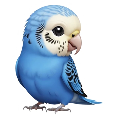 cinematic-cute-blue-budgie-portrait-emoji,-head-tilted-playfully-and-inquisitively,-featuring-a-brilliant-blue-feathered-fur-and white and black feathered face-with-a-natural-sheen,-round,-sparkling-dark-eyes-filled-with-curiosity,-simplified-yet-irresistibly-adorable sticker