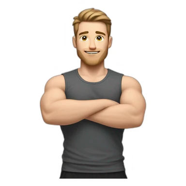Full height Actively gesturing with hands Pale skinned Fit Man With the biceps and brown hair in dark gray Sleeveless Mike, black oversize sports shorts, watch and white Sneakers sticker