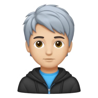 Crea un emoji a mezzo busto come ti ho già chiesto però di un ragazzo sulla 20ina ma che sembri più giovane, vestito con una felpa grigia. Occhi azzurri, capelli neri con il ciuffo davanti un po bagnato. sticker