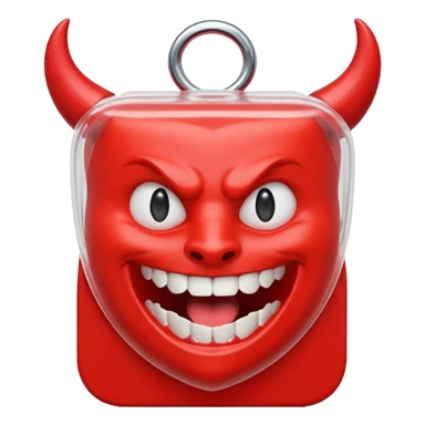 A package of dental floss with a smiling horny devil face  sticker