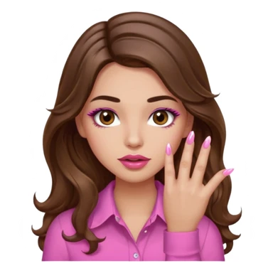 girl with long wavy brown hair, brown eyes, light to medium complexion, in a pink shirt, pink lips, long lashes, puckered lips,  showing  long finger nails sticker