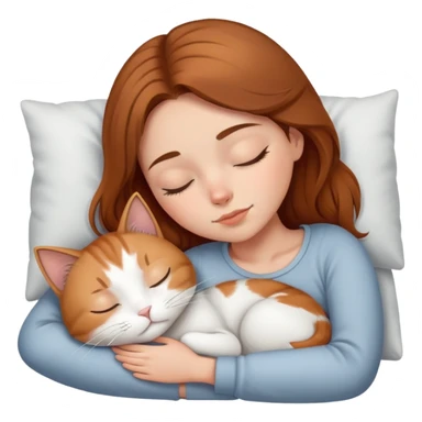 brunette caramel haired girl sleeping with mostly white and light grey cat sticker
