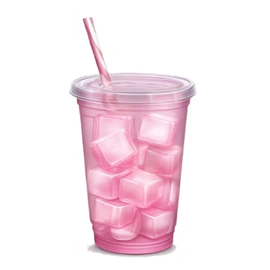 Realistic see through plastic cup and lid with half full Transluscent light pink soda,straw and large ice cubes inside. sticker