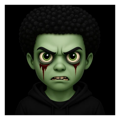 Change the hair to a Black hairstyle with tight curls or afro and add a black hoodie. Keep the boy zombie's green skin, emo vibe, and creepy expression. sticker