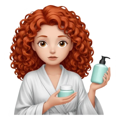 Cartoon emoji of a girl with voluminous curly red hair, fair skin, brown eyes. Wearing a chic milky silk robe with long sleeves, no makeup. Portrait mode, holding 2 moisterizers or different skin care products, looking super doubtful twisted and unsure. she is miserab;e sticker
