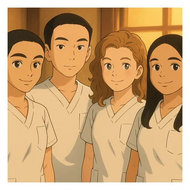 Four nursing students side by side in a warm indoor ambiance, wearing white short-sleeve uniform tops resembling medical tunics with V-neck collars and left chest pockets, no stand-up collars, no hijabs or undergarments beneath the tunics, no stethoscopes. Each student has the face from the provided portraits, styled in Ghibli style, group composition, variation 2. sticker