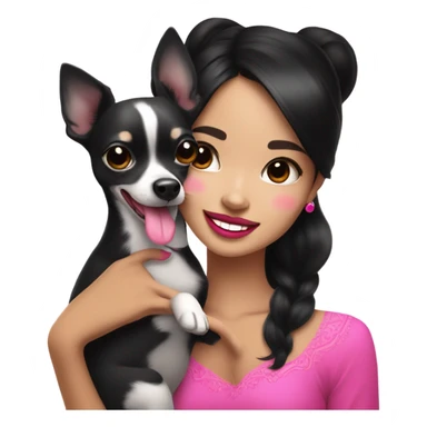 Thick medium black hair with hot pink lips and pink cheek smiling Filipino lady hugging black and white Chihuahua  sticker