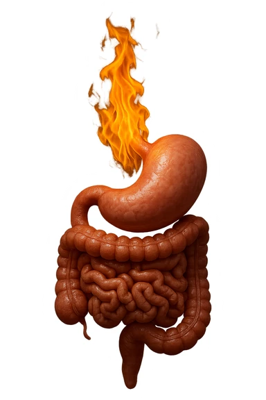 intestino e stomaco sono collegati, con una fiamma che brucia sopra, iperrealistico 4k, non disegnato sticker