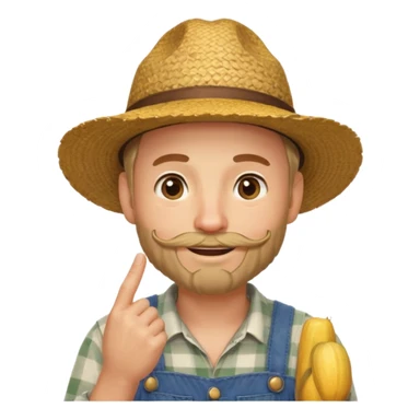 “A single emoji-style character combining 👨‍🌾😄 and 🤔: a smiling farmer man with a straw hat, friendly face, and light beard, holding one hand under his chin in a thinking gesture. His index finger rests under his face, eyes looking slightly upward as if thinking.  sticker
