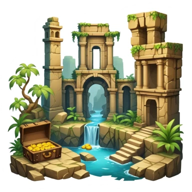 an adventure game, inspired by Uncharted-2. The design features a rugged explorer navigating through ancient ruins, with treasure and obstacles in the background. A dynamic environment with jungle, cliffs, and puzzles highlights the thrill of discovery and action. Transparent background. sticker