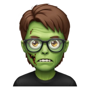 Green zombie, brown hair, black glasses, black shirt. iOS style. sticker