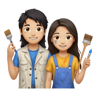 Asian boy with long hair and girl messy painters sticker