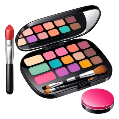 A photorealistic icon featuring makeup brushes, lipstick, eyeshadow palette, and a compact mirror with a completed makeup look. Bright, detailed design with realistic textures and lighting. Transparent background, clearly symbolizing makeup and beauty. sticker