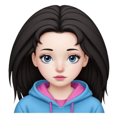 Create a teenage girl with straight brunette hair pulled into a messy bun, pale skin, light freckles, and blue-grey eyes. She will have pink lips and long black eyelashes. She will be wearing a big black hoodie. sticker
