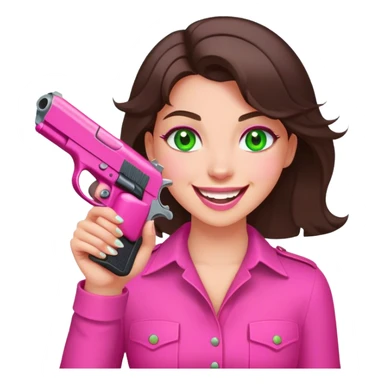laughing brunette girl with green eyes holding pink pistol sticker