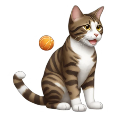Dark brown and white Tabby Cat playing with a ball sticker