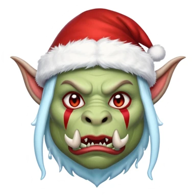 Fantasy orc emoji portrait, Santa Claus hat stretched around tusks, tusks covered with ice and crimson frost cracks, cold predator expression, winter hunt atmosphere, minimal clean emoji design, female variant
 sticker