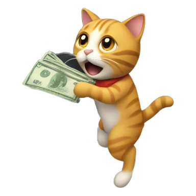a cat stealing money from an atm with the hang closed holding notes that are flying away sticker