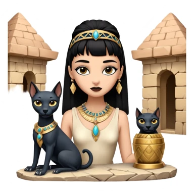 Witchy-mannered real Audrey Hepburn cleopatra Protecting silky black-haired tiny chained-slave-adorned statuette scale smoky-evil-eyed Anubis dessert scenery stone-age cracked irregular dwelling  sticker