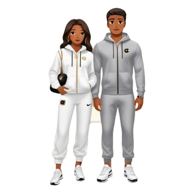 Realistic Man living his dream standing in the master bedroom of a mansion. He’s boo’d up with a pretty Brownskin big booty woman wearing a Chanel outfit and Bvlgari watch with her holding a Chanel bag. The man has on a Nike Tech Fleece sweatsuit. The man isn’t holding a bag sticker