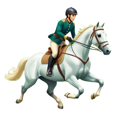 An icon featuring a horse and rider galloping gracefully over a lush green field. The rider is in full gear, guiding the horse with precision. The background shows rolling hills, a clear blue sky, and vibrant sunlight illuminating the scene. Transparent background highlights the elegance sticker