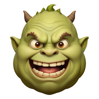 Cinematic Comical Ogre Portrait Emoji, with a strikingly exaggerated, bulky figure in vivid earthy greens and browns, head tilted in a dramatically surprised expression with wide, comically bulging eyes and a goofy, oversized grin, simplified yet hilariously exaggerated, highly detailed with a soft, cartoonish glowing outline capturing the playful absurdity of a meme-worthy ogre! sticker