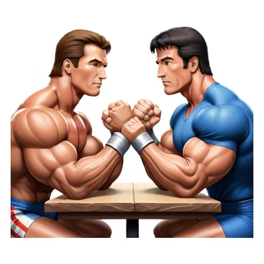 Arnold Schwarzenegger and Sylvester Stallone from 'Over the Top,' locked in an arm wrestling battle, using only their right hands. Their left hands rest on the table. Both display immense strength, with muscular arms flexing, under bright competition lights. Transparent background. sticker
