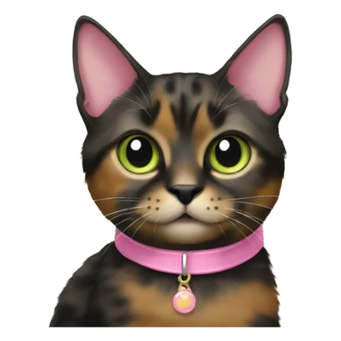 Tortie cat with black base and a little bit of brown fur with light green eyes wearing a pink collar sticker