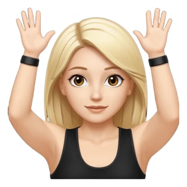 I want a white female dj animated gif emoji with long straight centre parting blonde hair, brown eye brows and putting hands up in the air. Wearing a black tight top with no sleeve sticker