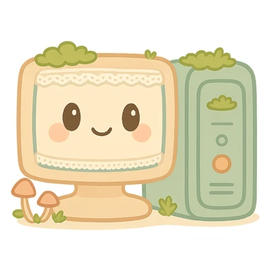 Remove any words or text from the image. Maintain the cottagecore style featuring a quaint computer tower and monitor surrounded by moss, tiny mushrooms, delicate lace, and soft earthy tones. The background should be transparent. sticker